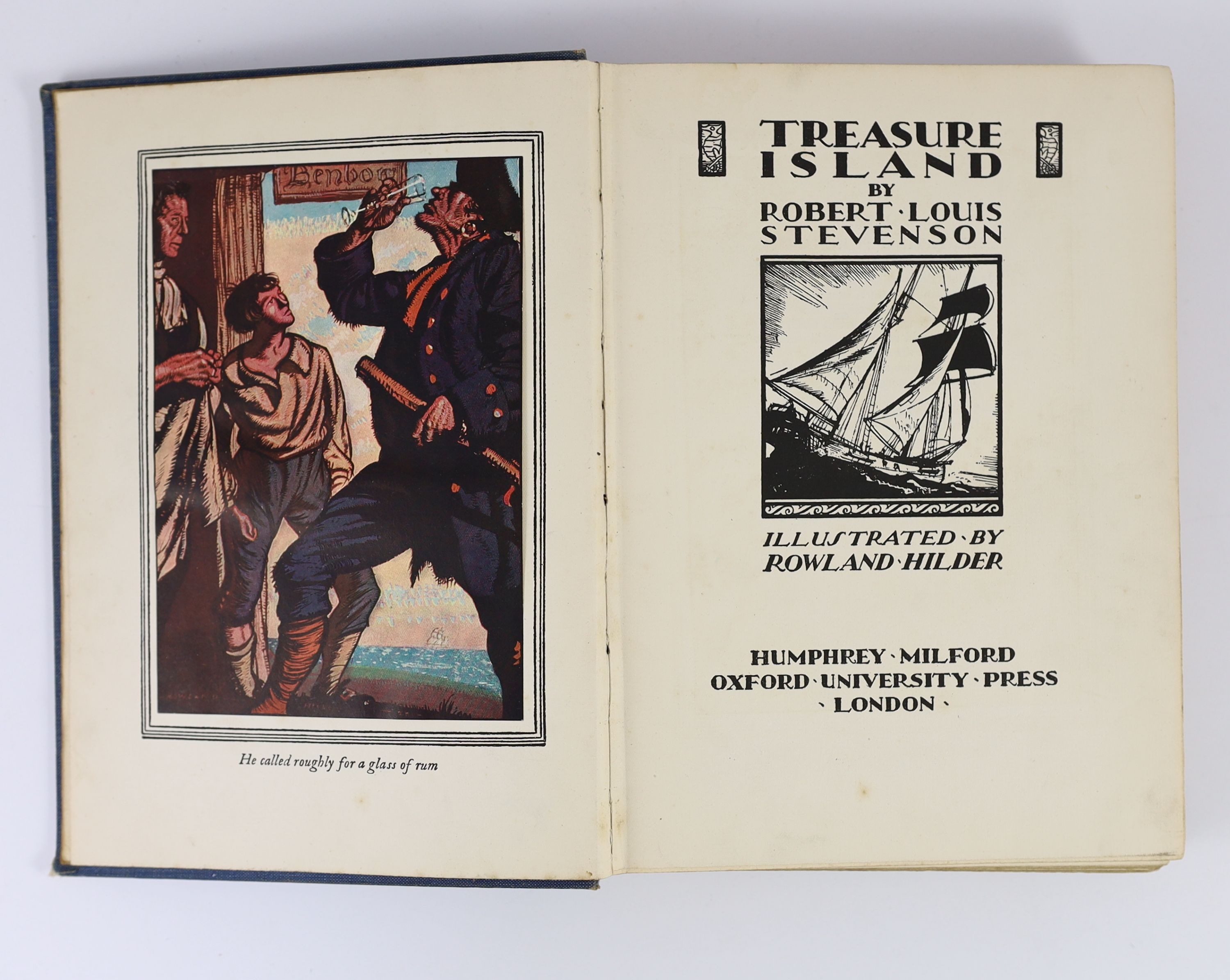 Stevenson, Robert Louis - 2 works, both illustrated with colour plates by Rowland Hilder - Treasure Island, 8vo, original pictorial cloth, London, 1929 and Kidnapped, 8vo, with d/j, London, 1938, in slip case. (2)